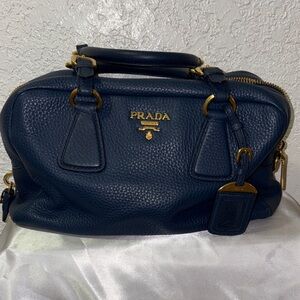 Prada Vitello Daino Bauletto Midnight Blue Pebbled Leather Satchel